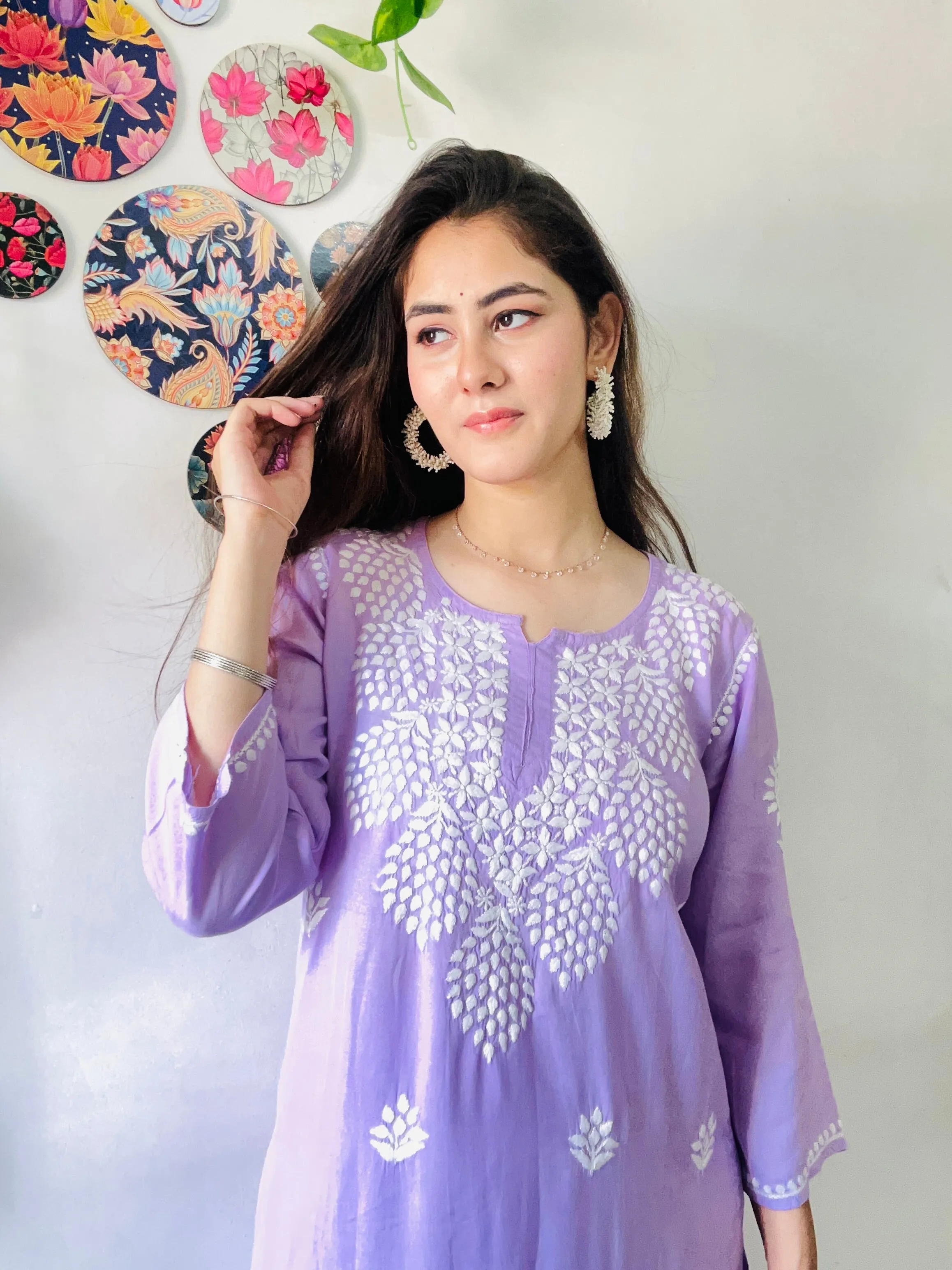 Atrendy Lilac Chikankari Kurti Plazaao Set In Rayon