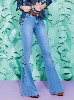 Elastic Horn Denim Pants Middle Waist Strap
