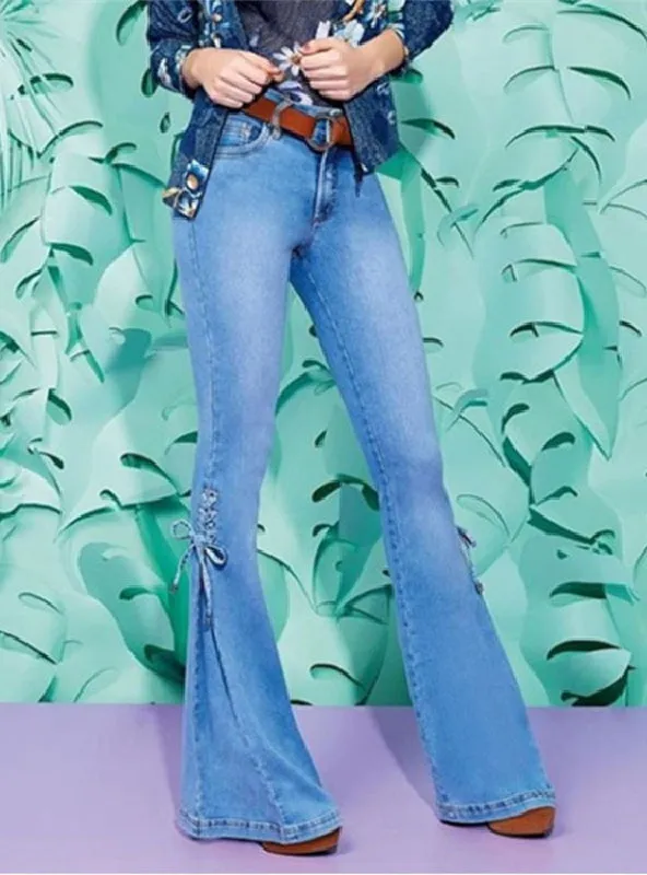 Elastic Horn Denim Pants Middle Waist Strap