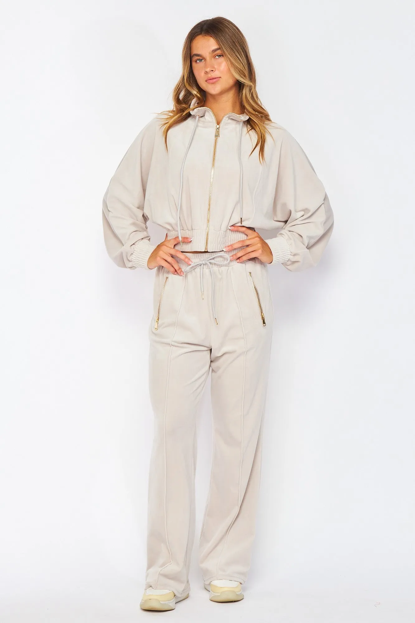 Pearl Velour Funnel Neck Jacket Zip Up Pants Set