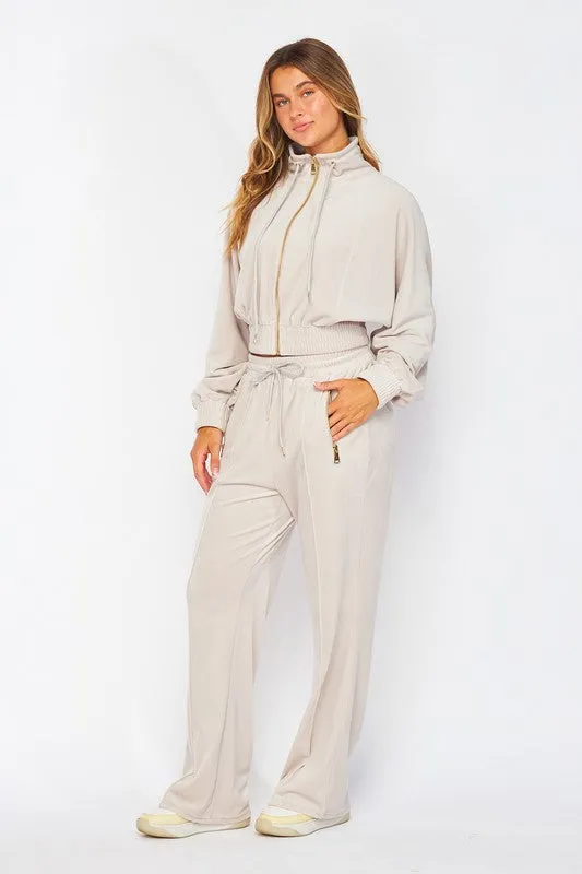 Pearl Velour Funnel Neck Jacket Zip Up Pants Set