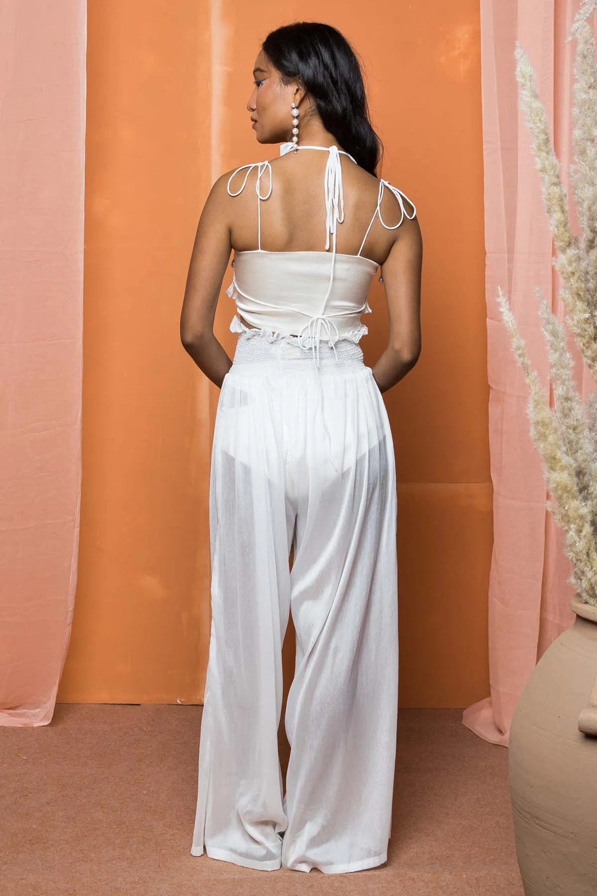 White Chinon Shirred Waist Pants