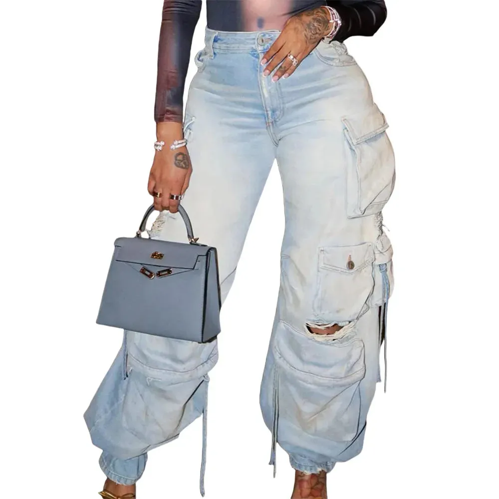Women's Vintage Cargo Jeans Wide Leg Denim Pants